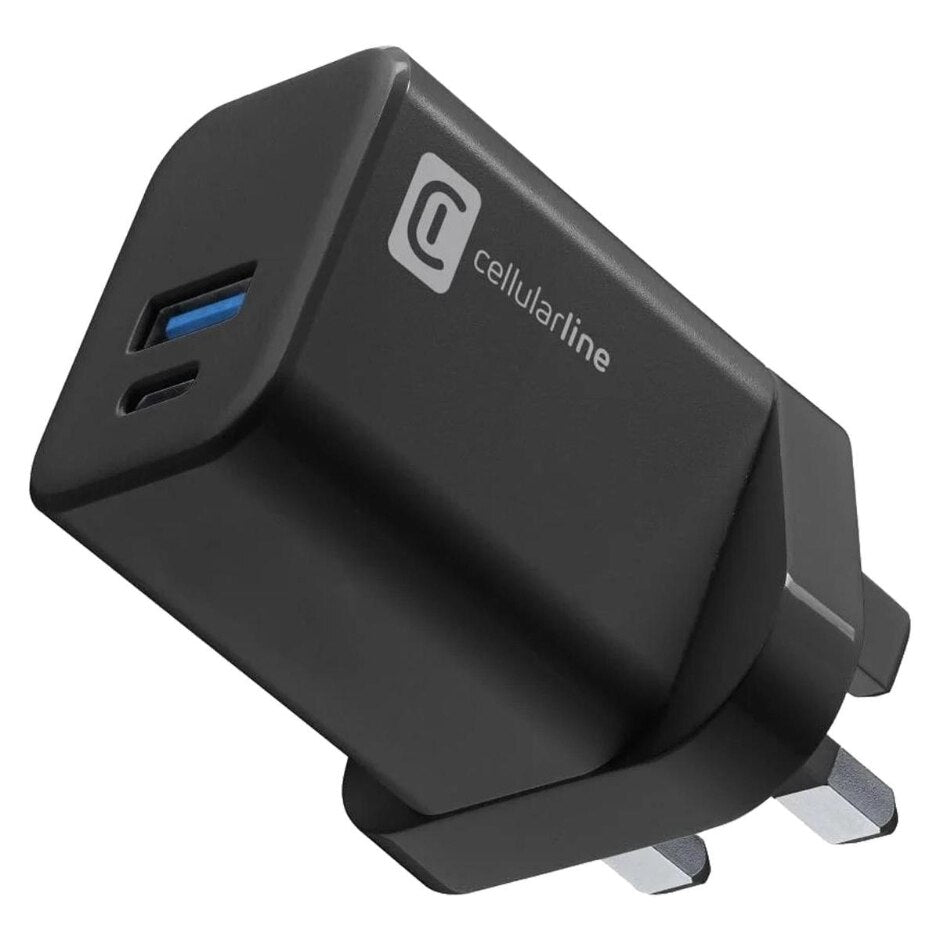 شاحن ثنائي 30 واط بفيش بريطاني شحن سريع لجهازين في وقت واحد Cellularline GaN - Cellularline Dual 30W GaN Charger (UK Plug)
