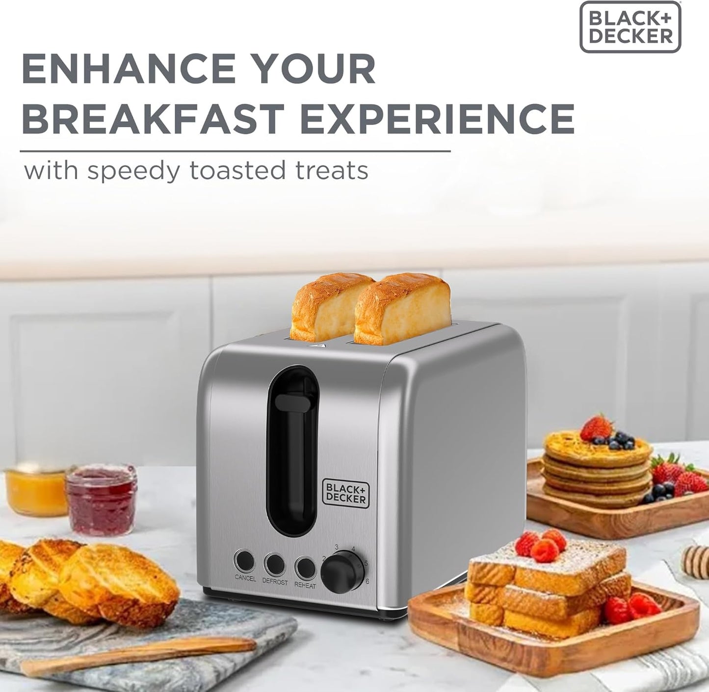 Black+Decker 2 Slice Toaster, 1050W, Double Sided Heating, 6 Toast Settings - محمص خبز بلاك آند ديكر شريحتين 1050 واط ستانلس ستيل