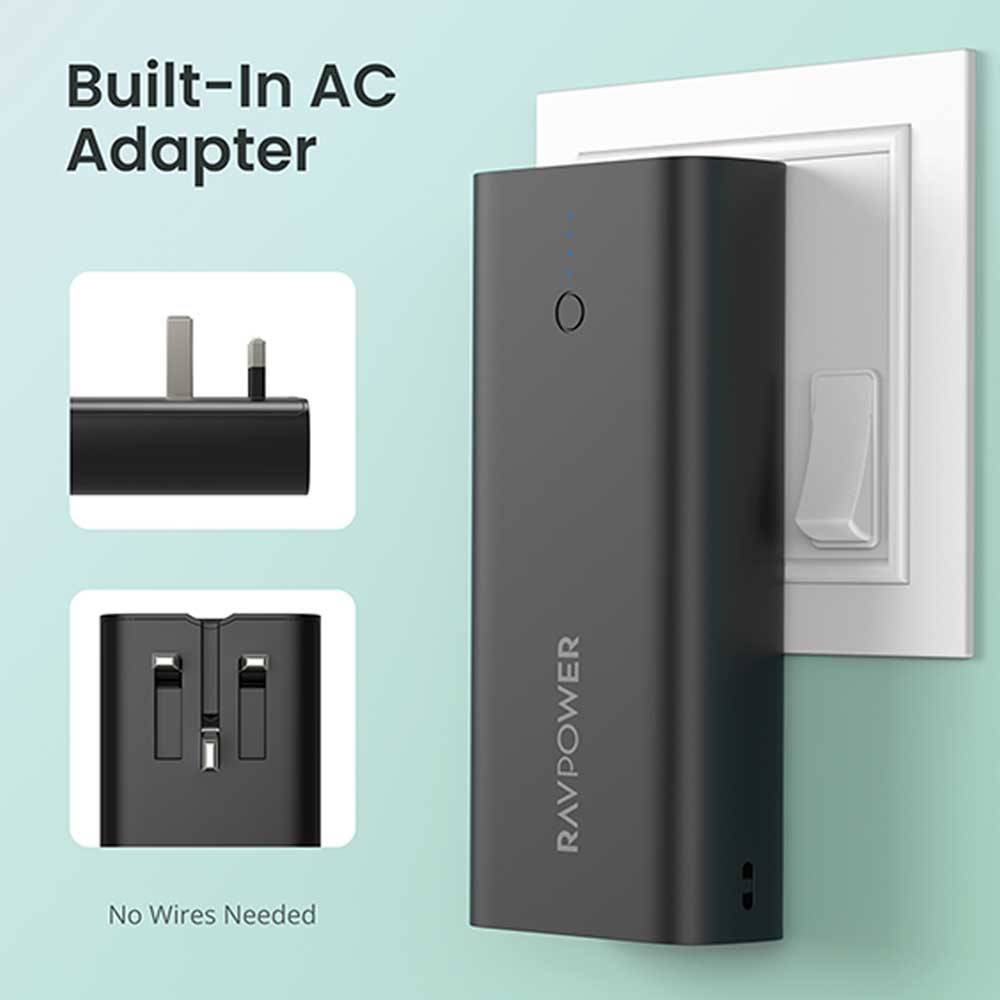 باور بانك راف باور مع محول بسعة 10000 مللي أمبير 2 منافذ يو اس بي و يو اس بي سي - RAVPower Power Bank with 2 in 1 Adapter 10000mAh 2 USB + USB-C