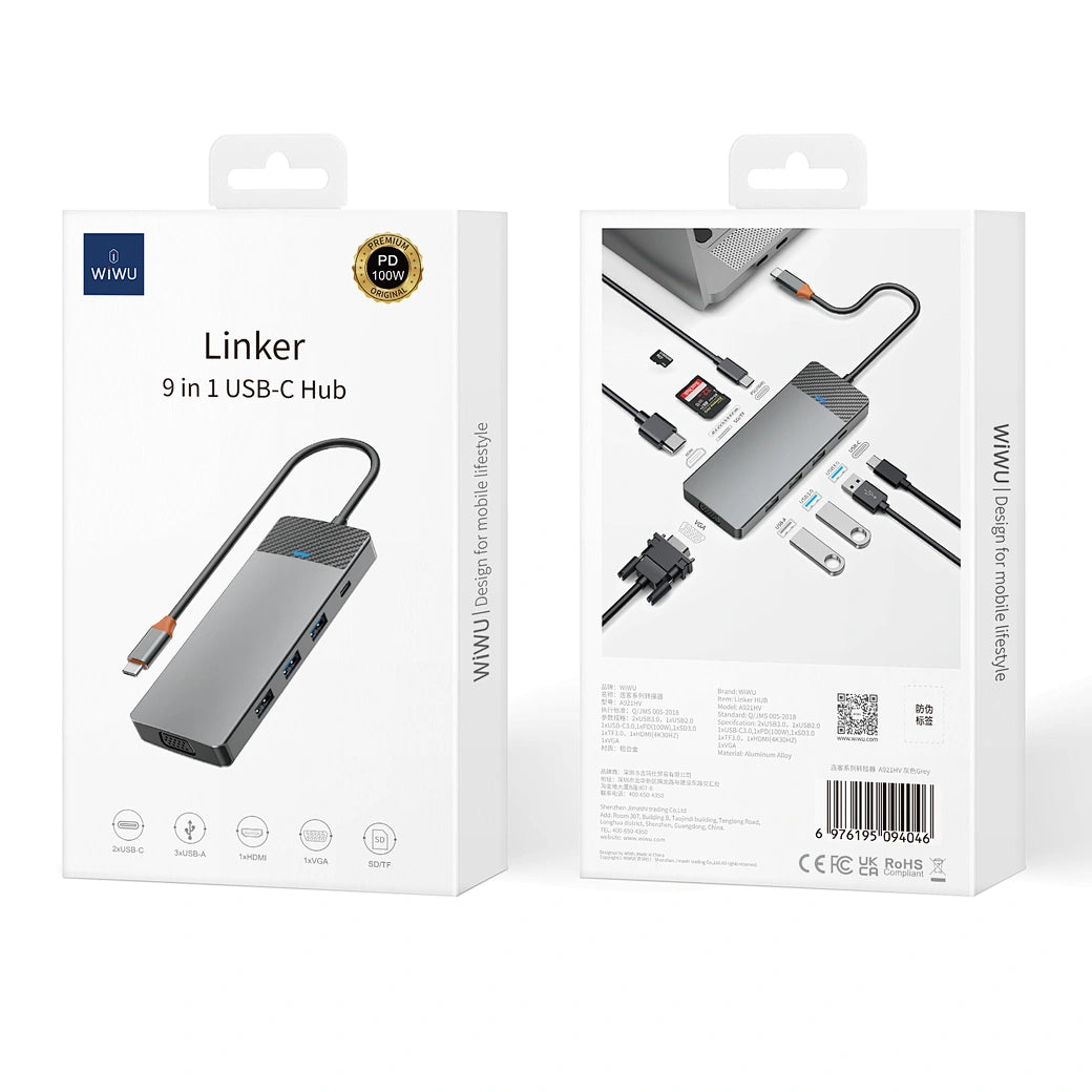 محول ويوو لينكر 9 في 1 بمنفذ تايب سي مع قارئ بطاقات SD/TF - رمادي | WiWU Linker 921 9 in 1 Type-C Hub Laptop Adapter with SD/TF Card Reader – Gray