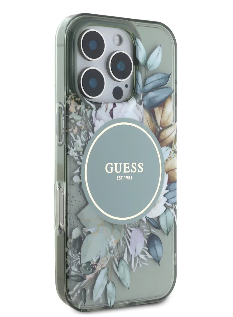 GUESS MagSafe Transparent Flower Case with Circle Logo for iPhone 16 Pro | كفر شفاف GUESS بتصميم ازهار وشعار دائري, متوافق مع ماج سيف لهاتف ايفون 16 برو