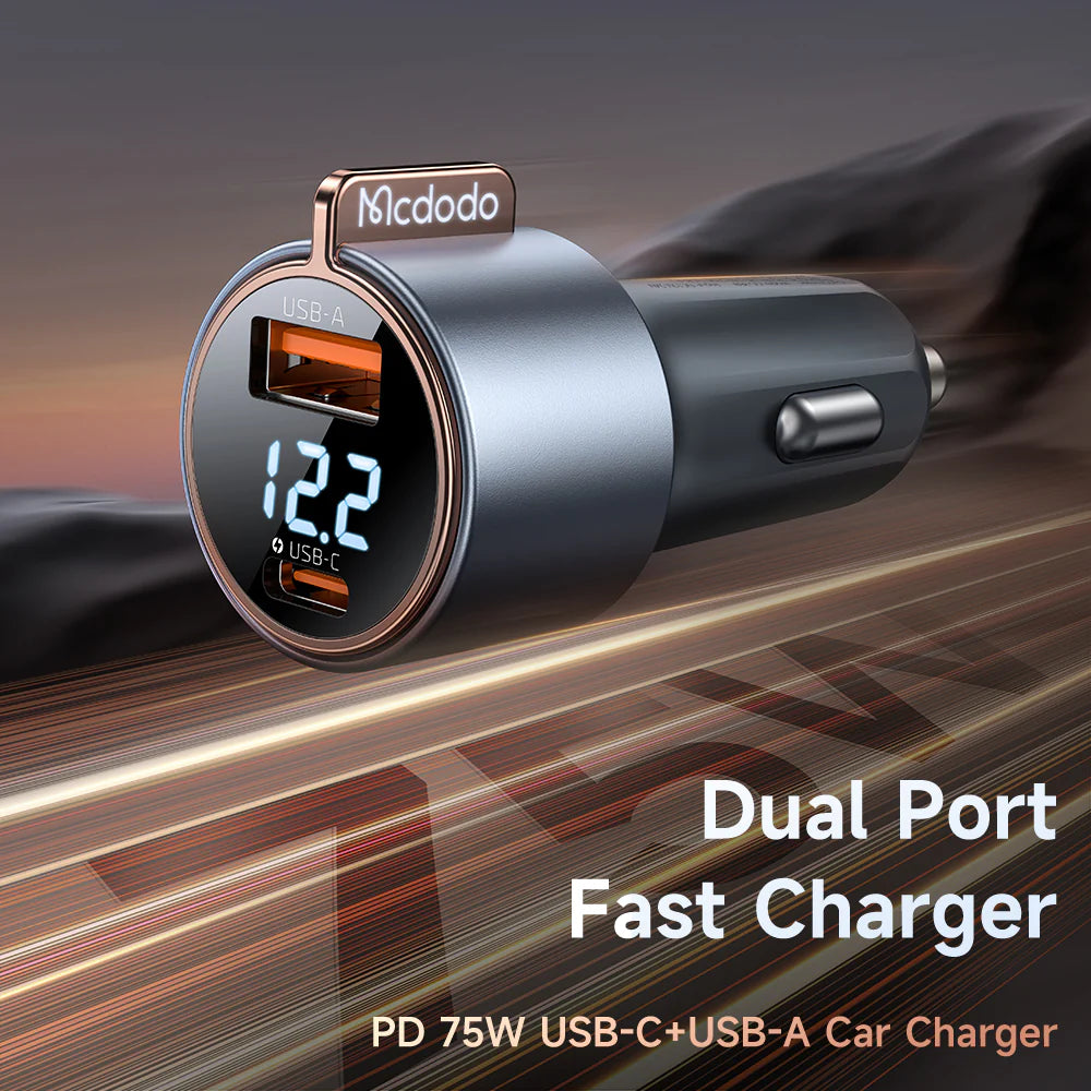Mcdodo 75W Digital Display Port Type-C &USB PD Fast Car Charger - شاحن سيارة سريع الشحن بمنفذ تايب سي ةمنفذ يو اس بي بقدرو 75واط من مكدودو
