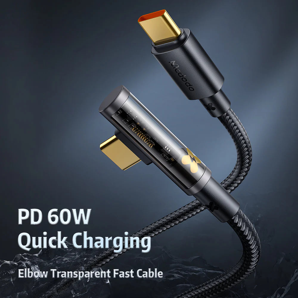 Mcdodo Type-C to Type-C PD 60W Elbow Transparent Data Cable 1.2m - كيبل تايب سي الى تايب سي سريع الشحن بقدرى 60 واط وطول 1.2متر من مكدودو