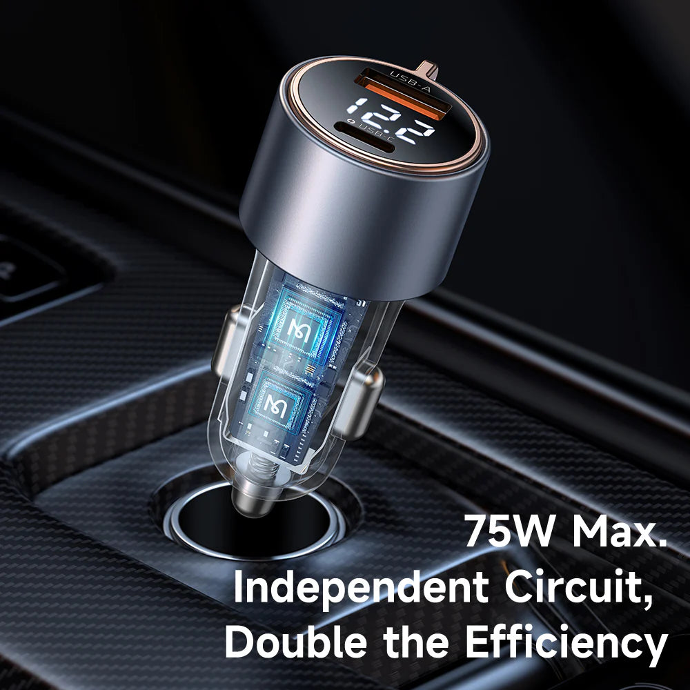 Mcdodo 75W Digital Display Port Type-C &USB PD Fast Car Charger - شاحن سيارة سريع الشحن بمنفذ تايب سي ةمنفذ يو اس بي بقدرو 75واط من مكدودو