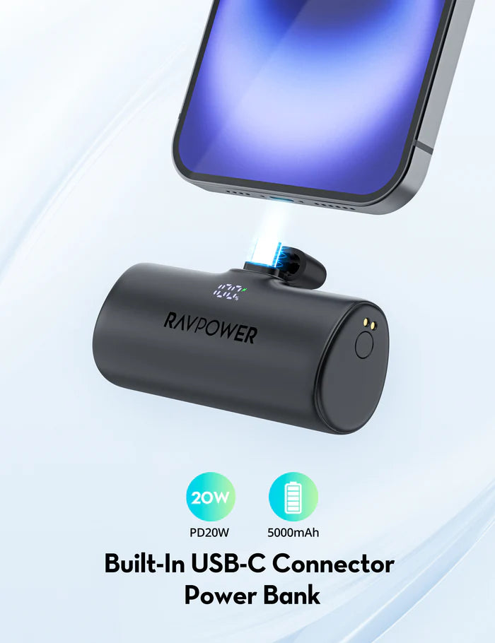 RAVPower RP-PB1221 5000mAh Nano Power Bank 20W USB-C Fast Charging - باور بانك راف باور نانو 5000 مللي أمبير، شحن سريع 20 واط، بمنفذ تايب سي