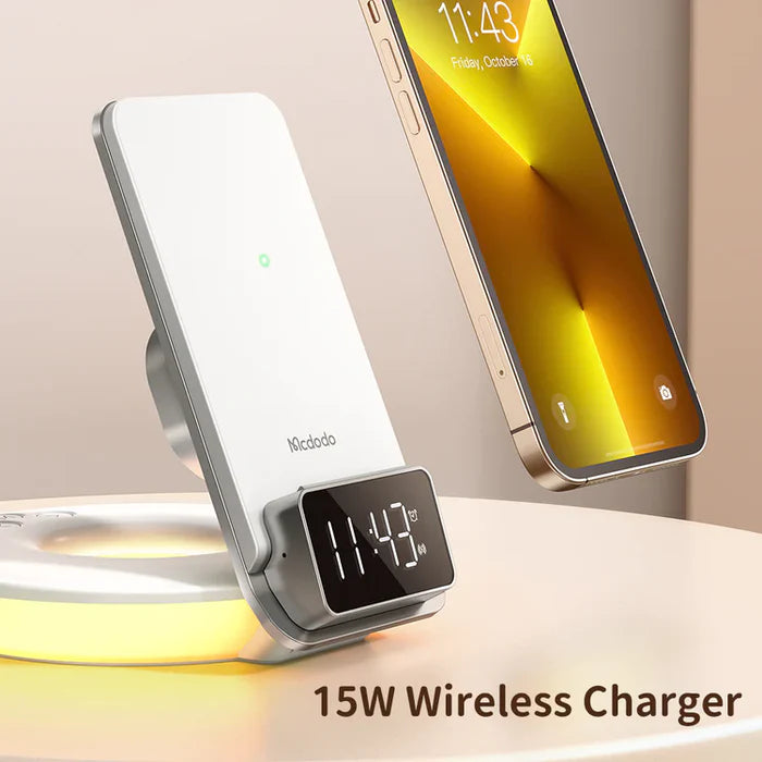 Mcdodo 4 in 1 Desktop Wireless Charger with Alarm & Night Lamp - ماكدودو شاحن لاسلكي لسطح المكتب 4 في 1 مع منبه ومصباح ليلي