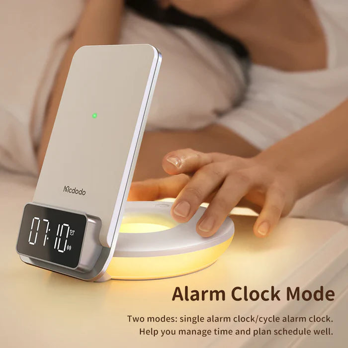 Mcdodo 4 in 1 Desktop Wireless Charger with Alarm & Night Lamp - ماكدودو شاحن لاسلكي لسطح المكتب 4 في 1 مع منبه ومصباح ليلي