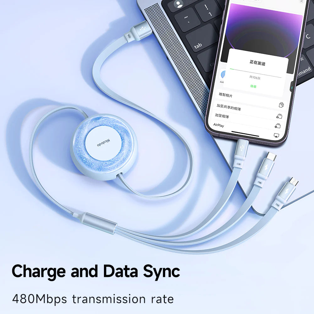 Mcdodo 3 in 1 Retractable Charging Cable 1.2m - مكدودو 3 في 1 كابل شحن قابل للسحب 1.2 متر
