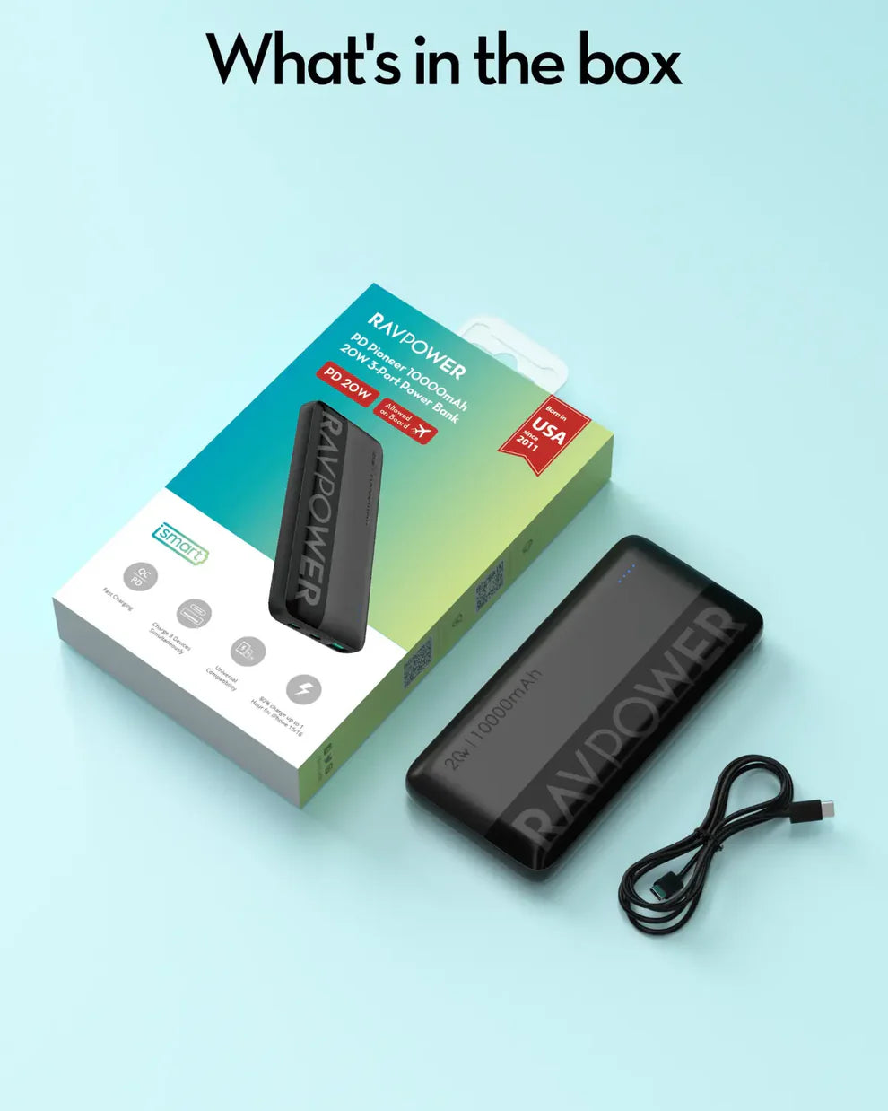 باور بانك راف باور PB1228 بسعة 10,000 مللي امبير وبقدرة شحن 22.5 واط مع 3 مخارج - اسود | RAVPOWER 10,000mAh Power Bank – 22.5W SCP & 20W PD Fast Charging, USB-C Two-Way, Triple Output Charger – Black