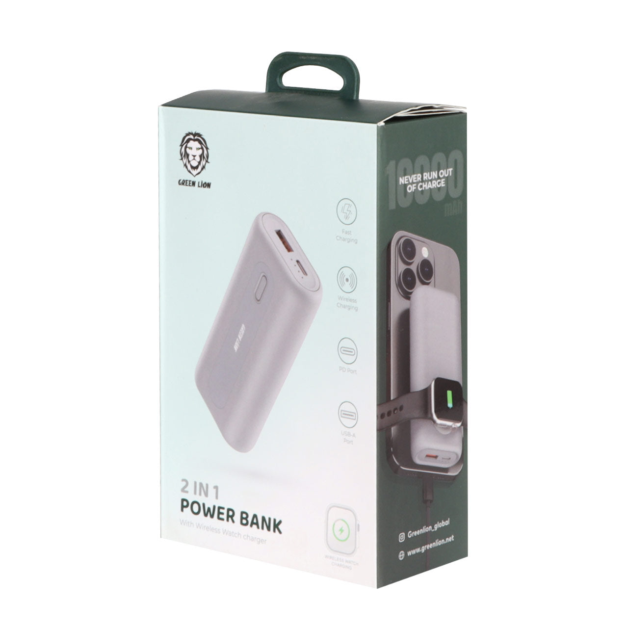 باور بانك جرين لايون 2 في 1 بسعة 10,000 مللي امبير مع شحن لاسلكي للساعات الذكية بقدرة 2.5 واط - رمادي  | Green Lion 2 in 1 Power Bank 10000mAh with Wireless Watch Charger 2.5W - Gray