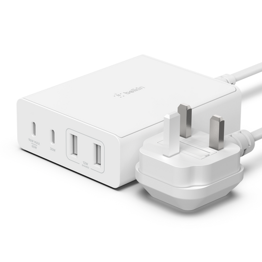 Belkin BoostCharge PRO 108W 4-Ports GaN Charger 2x USB-C and 2x USB-A ports - شاحن بلكين بوست شارجر برو بقدرة 108 واط مع 4 منافذ جان منفذين يو اس بي سي ومنفذين يو اس بي أ