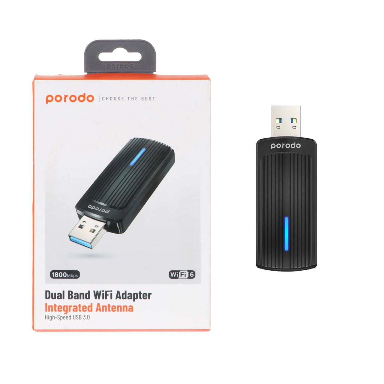 محول واي فاي مزدوج النطاق Wifi6 من بورودو مع محول يو اس بي اي الى تايب سي اضافي - اسود | Porodo Dual Band WiFi6 USB Adapter with Additional USB A to Type-C Adaptor - Black