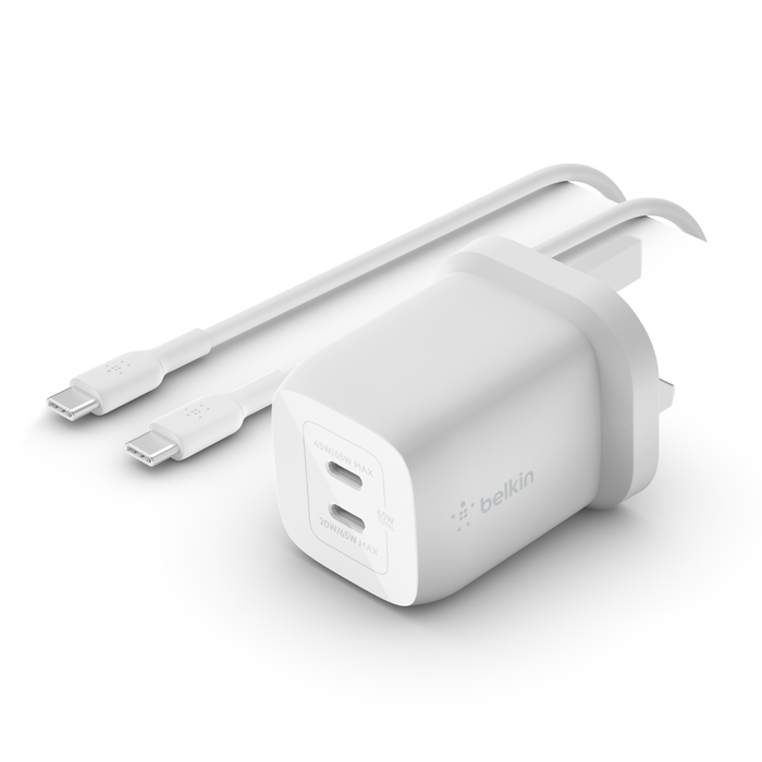 Belkin BoostCharge PRO Dual 65W USB-C PD GaN Fast Charger with PPS 2M USB-C to USB-C Cable - شاحن حائط مزدوج يو اس بي سي بقدرة 65 واط من بيلكن يتضمن كيبل يو اس بي سي توصيل طاقة سريع 3.0 بتقنية نتريد الغاليوم ومقبس يو اس بي وشاحن يو اس بي