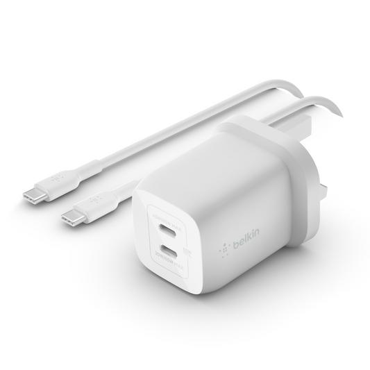 Belkin BoostCharge PRO Dual 65W USB-C PD GaN Fast Charger with PPS 2M USB-C to USB-C Cable - شاحن حائط مزدوج يو اس بي سي بقدرة 65 واط من بيلكن يتضمن كيبل يو اس بي سي توصيل طاقة سريع 3.0 بتقنية نتريد الغاليوم ومقبس يو اس بي وشاحن يو اس بي