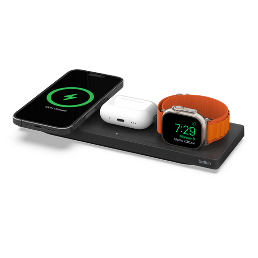 Belkin BoostCharge Pro 3 in 1 Wireless Charging Pad with MagSafe Charging 15W -  بوست شارجر برو قاعدة شحن لاسلكية 3 في 1 مع شحن ماج سيف الرسمي بقدرة 15 واط من بيلكن