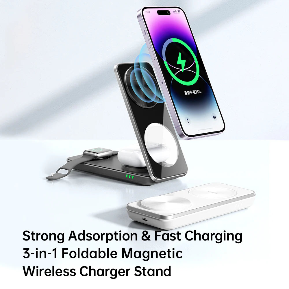 Mcdodo 3in1 Foldable Magnetic Wireless Charger and Stand - شاحن وحامل لاسلكي مغناطيسي قابل للطي 3 في 1 من ماكدودو