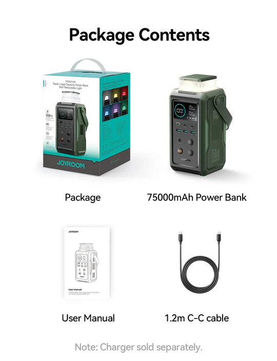 باور بانك جويرووم بسعة 75,000 مللي امبير وبقدرة شحن 100 واط مع اضائة قابلة للسحب | JOYROOM 100W Super Large Capacity Power Bank 75000mAh With Retractable Light
