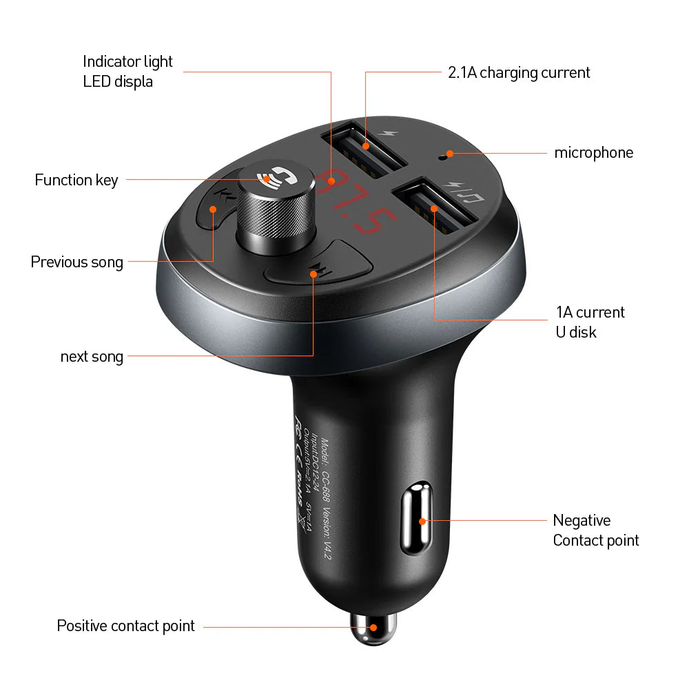 Mcdodo Bluetooth 5.1 FM Dual USB Car Charger - شاحن سيارة ماكدودو بلوتوث 5.1 اف ام ثنائي يو اس بي