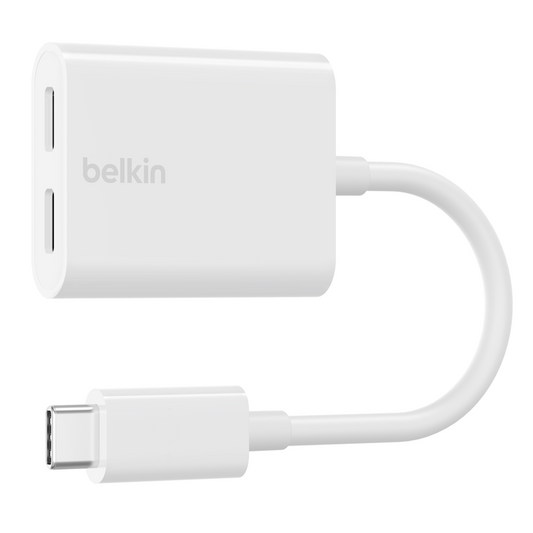 Belkin CONNECT USB-C Audio & USB-C Charge Adapter Supports fast charging up to 60W - موصل يو اس بي سي اوديو مع محول يو اس بي سي يصل قوة الشحن الى 60واط
