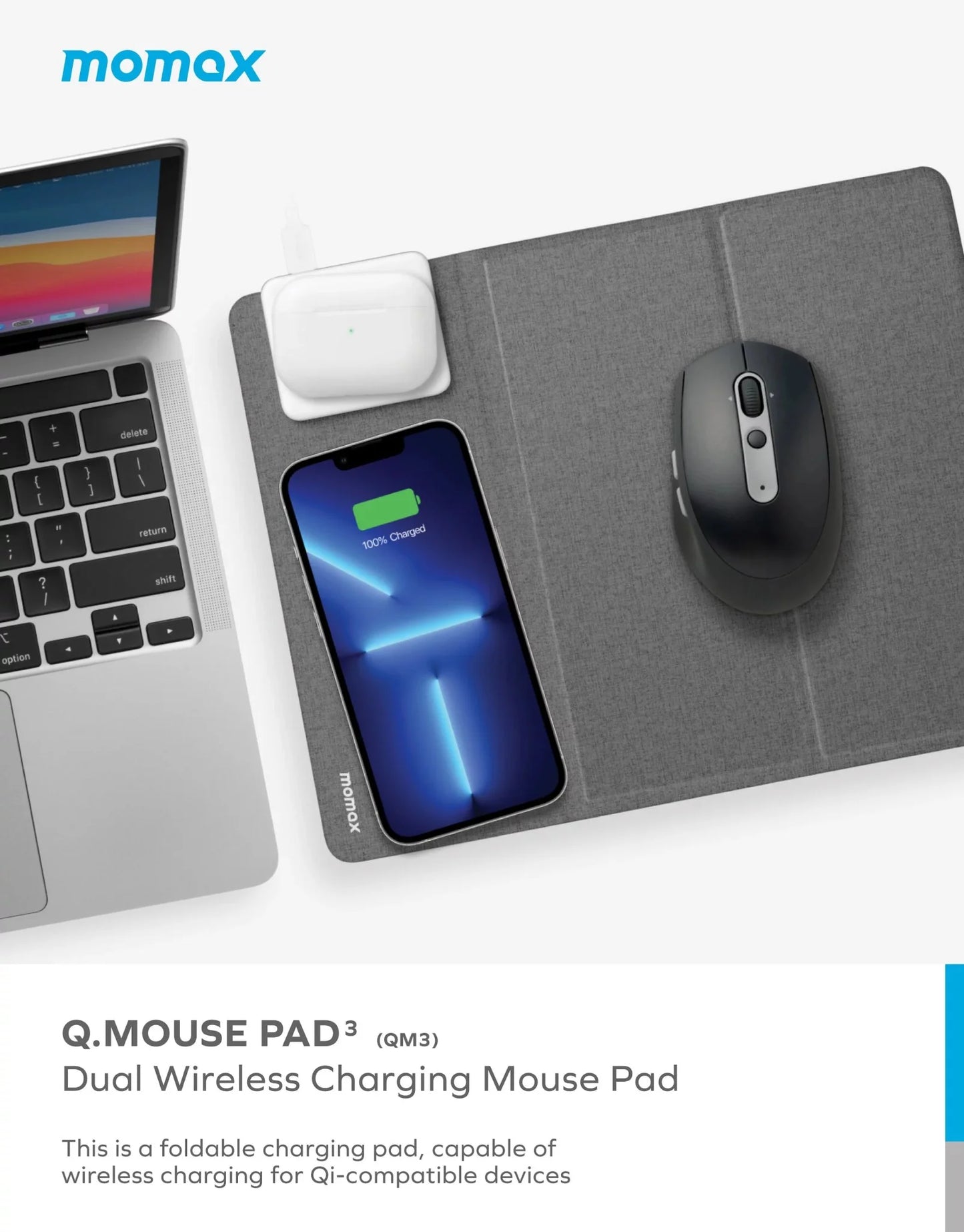 Momax Q.Mouse Pad 3, 15W Fast Charging - لوحة ماوس موماكس كيوماوس باد 3, شحن لاسلكي مزدوج 15 واط