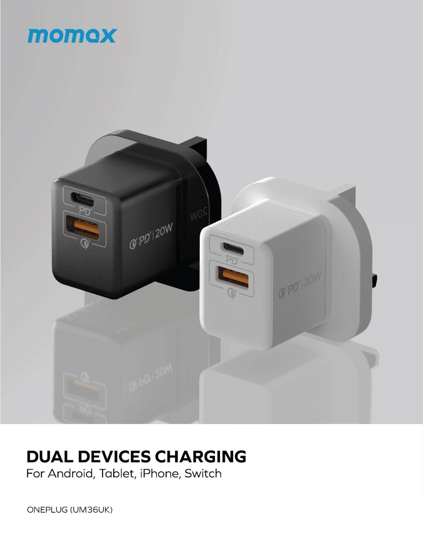 Momax One Plug 20W 2-Port Mini Charger | Dual Port Fast Charger - شاحن موماكس وان بلاج صغير بقدرة 20 واط, شاحن سريع مزدوج المنفذ