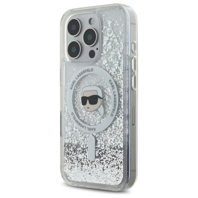 Karl Lagerfeld MagSafe Liquid Glitter Hard Case with Karl Head for iPhone 16 Pro | كفر كارل لاغرفيلد بلمعة سائلة شفافة ودعم ماج سيف لهاتف ايفون 16 برو
