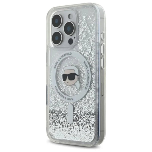 Karl Lagerfeld MagSafe Liquid Glitter Hard Case with Karl Head for iPhone 16 Pro | كفر كارل لاغرفيلد بلمعة سائلة شفافة ودعم ماج سيف لهاتف ايفون 16 برو