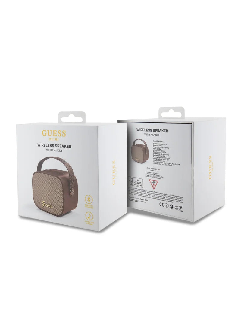 Guess Wireless Speaker with Handle 5W PU 4G Leather Script Logo | سماعة بلوتوث GUESS محمولة بقوة 5 واط, تصميم جلد 4 جي مع حامل يد