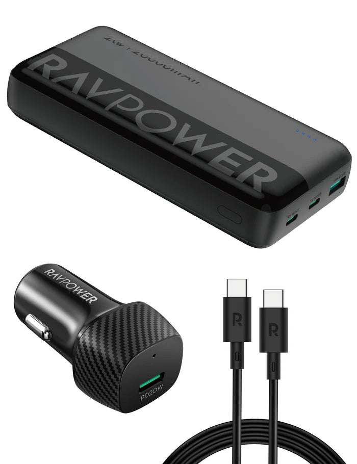 RAVPower RP-VC1015 Car Charger Combo with 10000mAh Power Bank & 60W USB-C Cable - راف باور شاحن سيارة كومبو  مع باور بانك 10000ميلي أمبير وكابل تايب سي بقوة 60واط