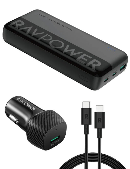 RAVPower RP-VC1015 Car Charger Combo with 10000mAh Power Bank & 60W USB-C Cable - راف باور شاحن سيارة كومبو  مع باور بانك 10000ميلي أمبير وكابل تايب سي بقوة 60واط