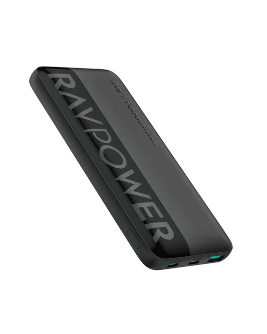 باور بانك راف باور PB1228 بسعة 10,000 مللي امبير وبقدرة شحن 22.5 واط مع 3 مخارج - اسود | RAVPOWER 10,000mAh Power Bank – 22.5W SCP & 20W PD Fast Charging, USB-C Two-Way, Triple Output Charger – Black