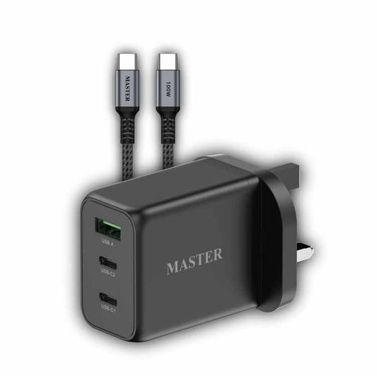 شاحن ماستر بقدرة شحن سريع 65 واط مع كيبل يو اس بي سي الى يو اس بي سي بقدرة 100 واط - اسود | MASTER SUPER FAST CHARGE 65W With Cable 100W C to C – Black