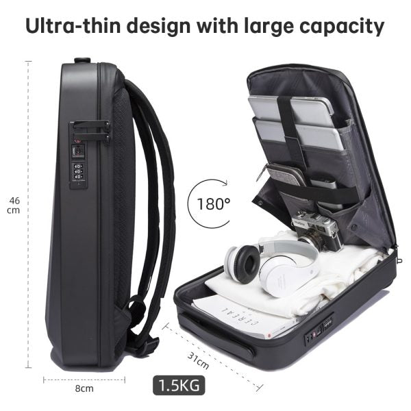 حقيبة ظهر بانجي بغطاء صلب للاعمال مضادة للماء مع منفذ يو اس بي - اسود | BANGE Business Hard Shell Computer Bag Men Backpack Waterproof Luggage – Black