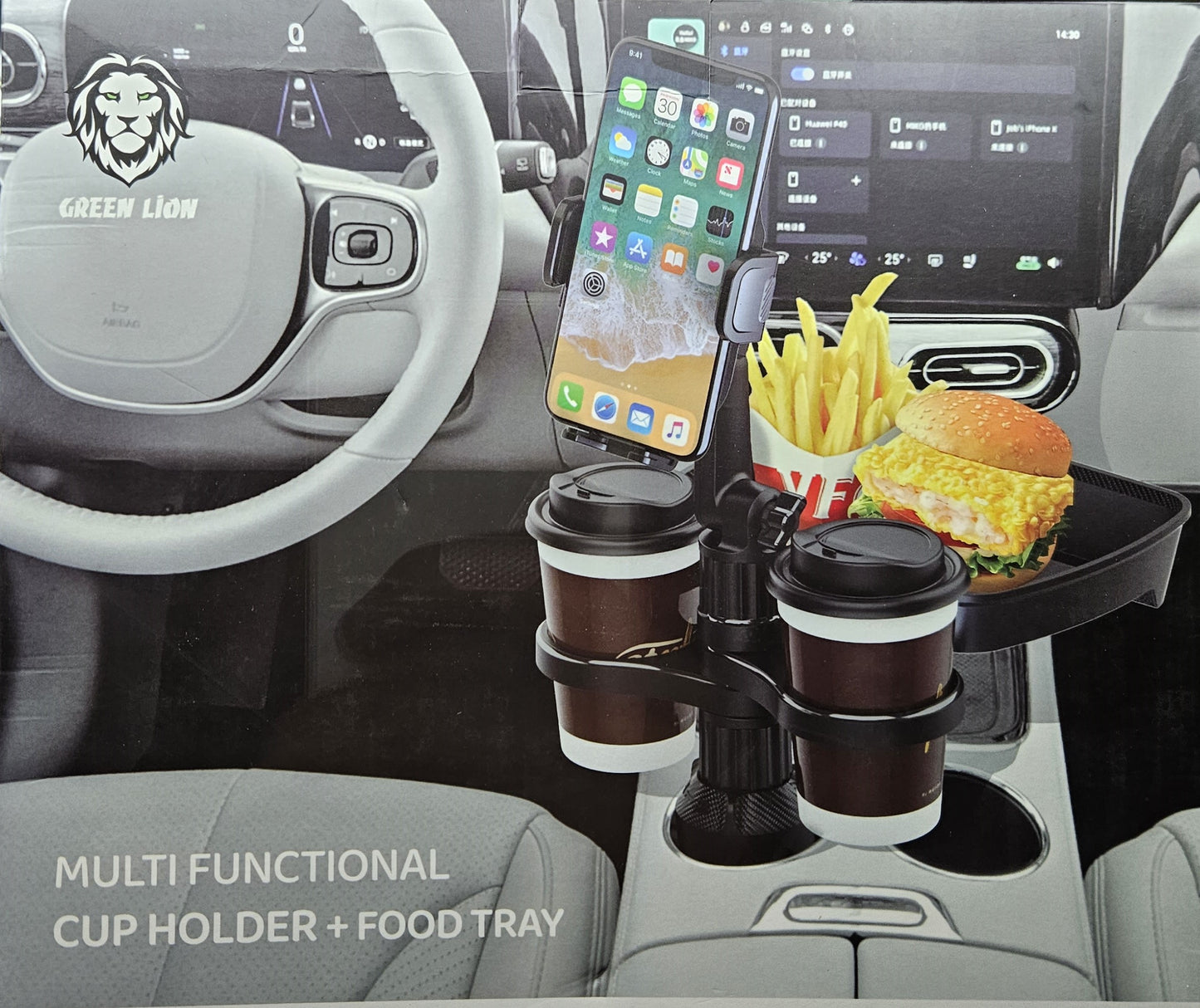 حامل أكواب وطعام للسيارة مع حامل للهاتف متعدد الوظائف من جرين لايون - اسود | Green Lion Multi Functional Cup Holder + Food Tray - Black