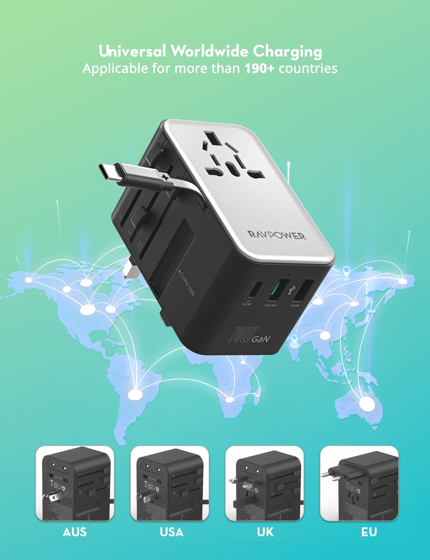 شاحن السفر راف باور RP-PC1061 بقدرة 70 واط مع كيبل تايب سي مدمج | RAVPower RP-PC1061 70W PD Travel Charger with Retractable USB-C Cable