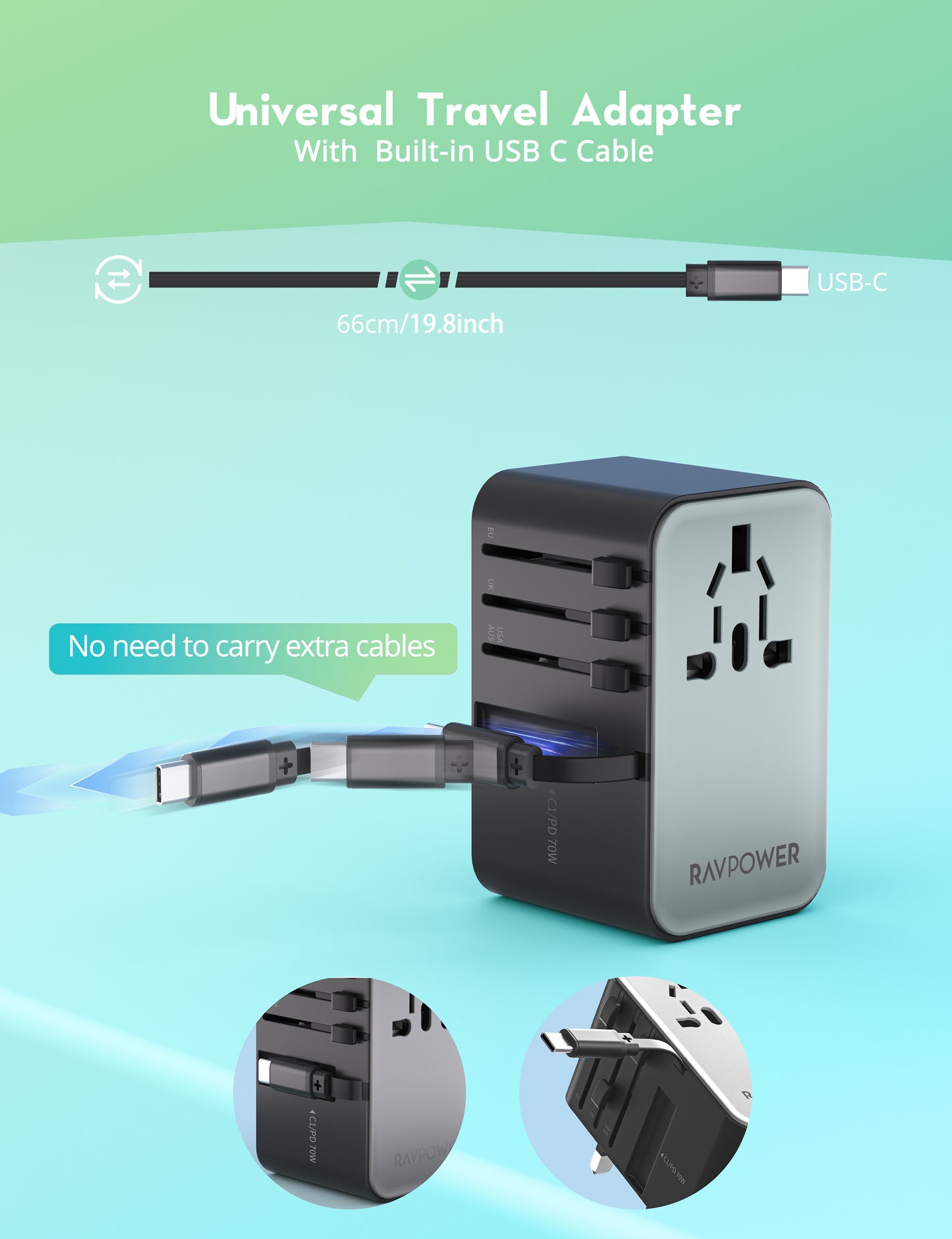 شاحن السفر راف باور RP-PC1061 بقدرة 70 واط مع كيبل تايب سي مدمج | RAVPower RP-PC1061 70W PD Travel Charger with Retractable USB-C Cable