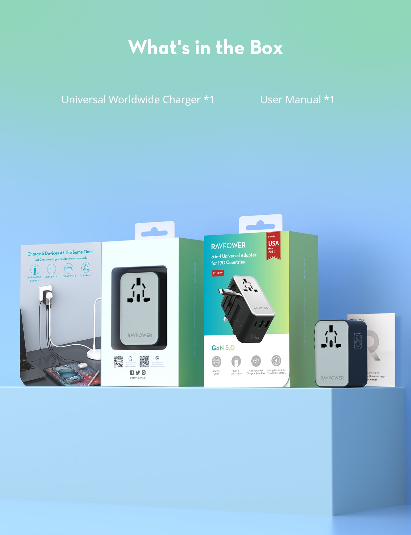 شاحن السفر راف باور RP-PC1061 بقدرة 70 واط مع كيبل تايب سي مدمج | RAVPower RP-PC1061 70W PD Travel Charger with Retractable USB-C Cable