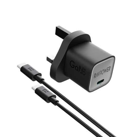 RAVPower RP-PC1057 20W GaN PD Wall Charger with USB-C to USB-C Cable - شاحن راف باور 20 واط مع كيبل تايب سي – PD سريع، حجم صغير، تقنية GaN