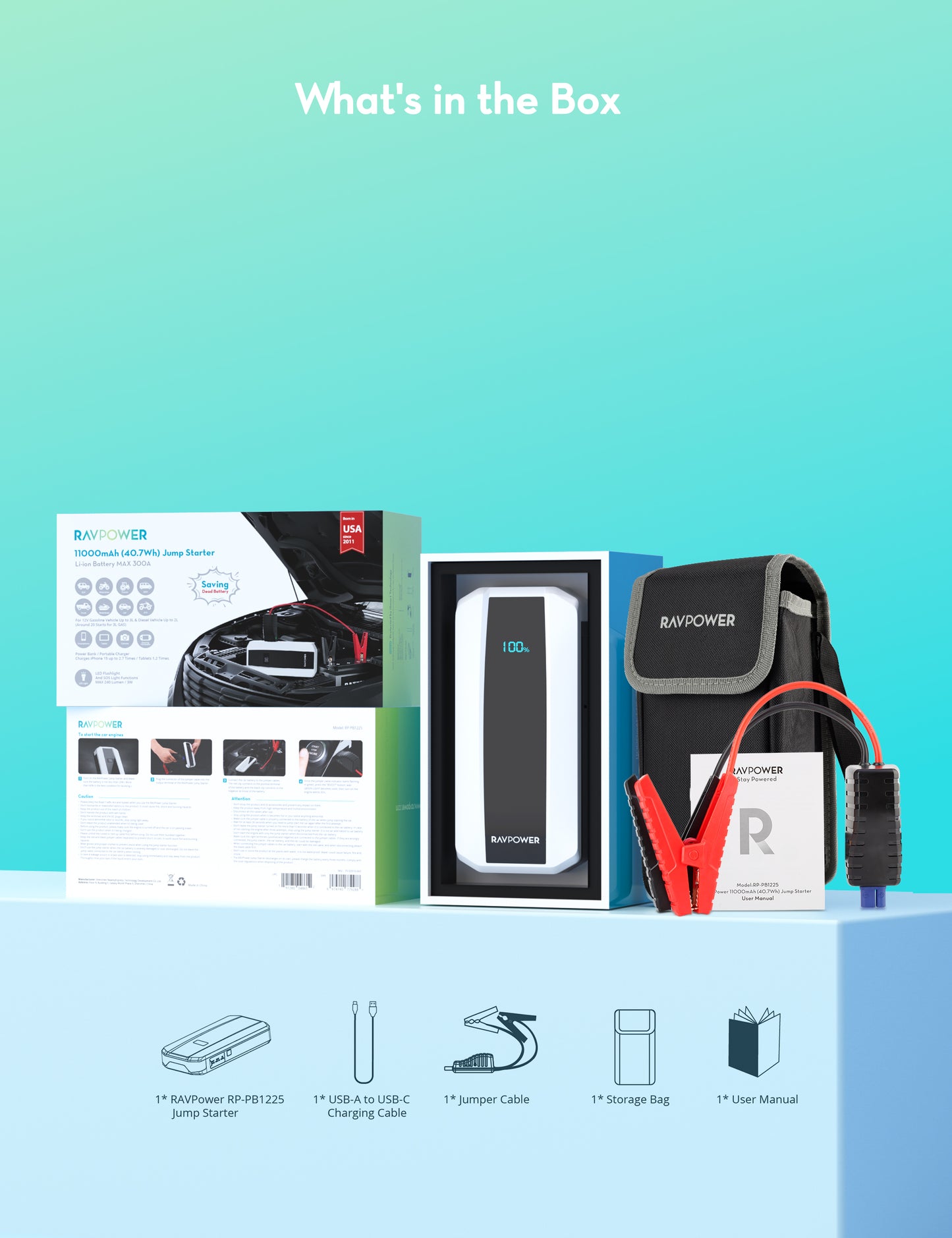 شاحن الطوارئ راف باور PB1225 بسعة 11,000 مللي امبير لتشغيل بطارية السيارة | RAVPower PB1225 11000mAh Jump Starter (40.7Wh) – Car Battery Booster & Power Bank