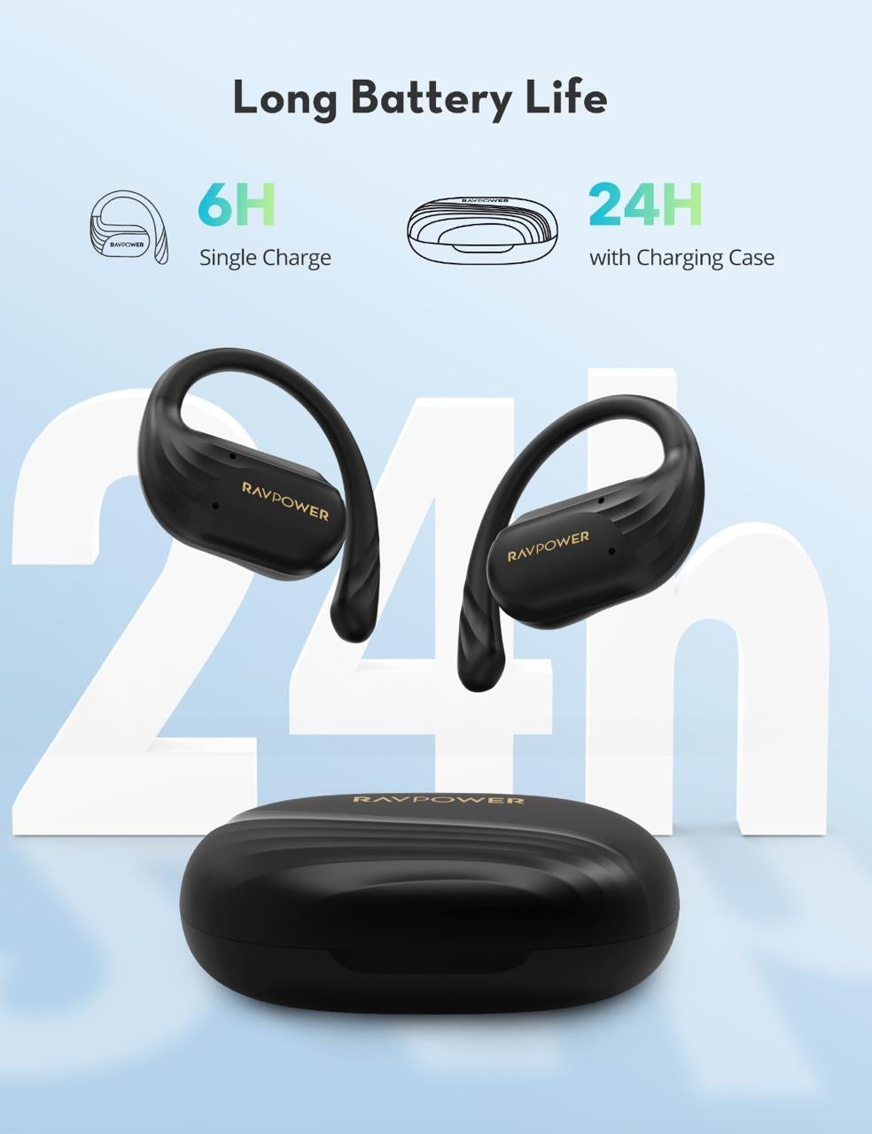 سماعات راف باور BH1016 اللاسلكية المفتوحة للاذن - اسود | RAVPower BH1016 Open-Ear True Wireless Bluetooth Earbuds – Black
