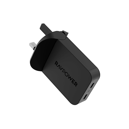 RAVPower RP-PC1079 65W PD GaN Wall Charger 2-Port USB-C - شاحن راف باور بقدرة 65 واط بمنفذين تايب سي وتقنية GaN