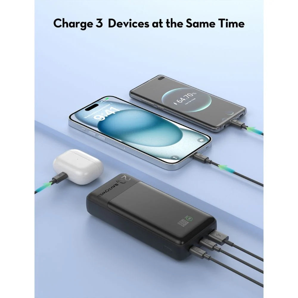 باور بانك راف باور RP-PB1238 بسعة 20,000 مللي امبير وبقدرة شحن 20 واط - اسود | RAVPower RP-PB1238 PD Pioneer 20000mAh 20W Power Bank – Black