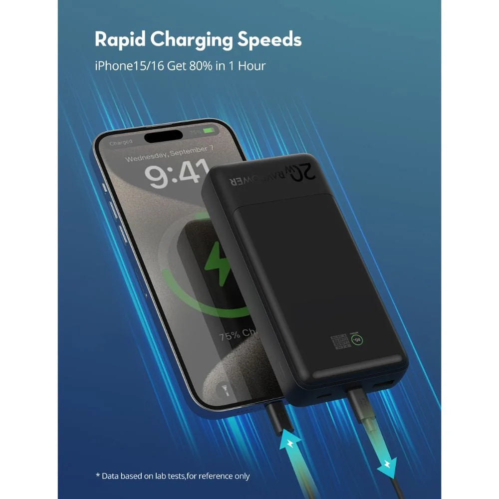 باور بانك راف باور RP-PB1238 بسعة 20,000 مللي امبير وبقدرة شحن 20 واط - اسود | RAVPower RP-PB1238 PD Pioneer 20000mAh 20W Power Bank – Black