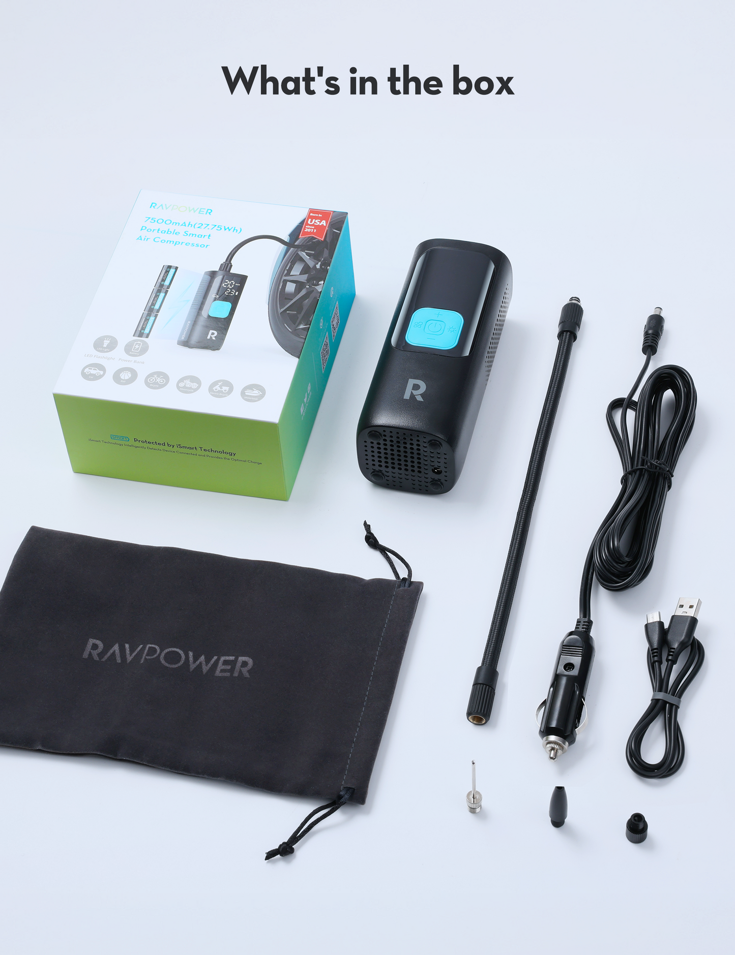 منفاخ هواء ذكي راف باور 3 في 1 مع باور بانك وكشاف LED  - اسود | RAVPOWER PB1233 3-in-1 Smart Air Compressor with Power Bank & LED Flashlight – Black