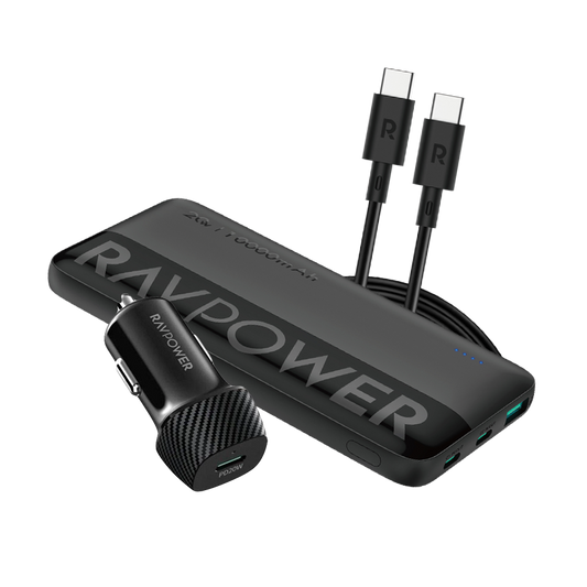 كومبو شاحن سيارة راف باور VC1014 مع باور بانك بسعة 10,000 مللي أمبير وكيبل تايب سي بقوة 60 واط | RAVPower RP-VC1014 Car Charger Combo with 10000mAh Power Bank & 60W USB-C Cable