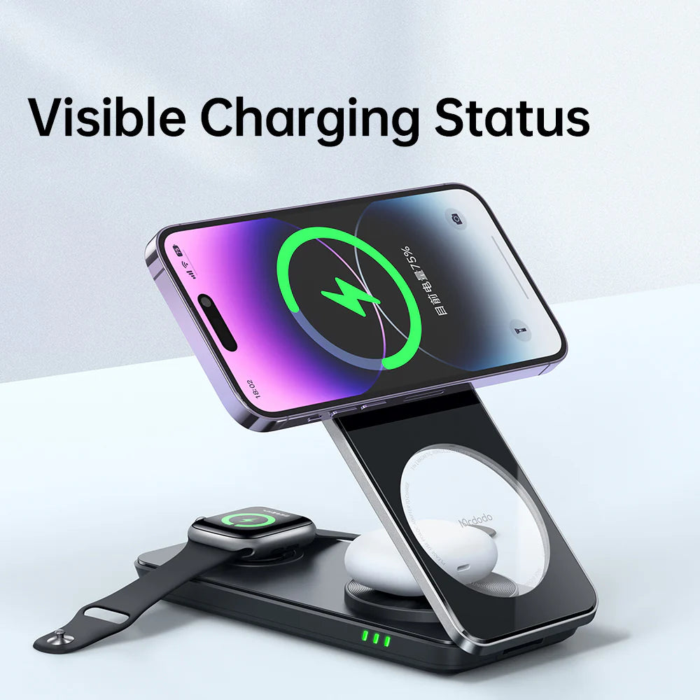 Mcdodo 3in1 Foldable Magnetic Wireless Charger and Stand - شاحن وحامل لاسلكي مغناطيسي قابل للطي 3 في 1 من ماكدودو