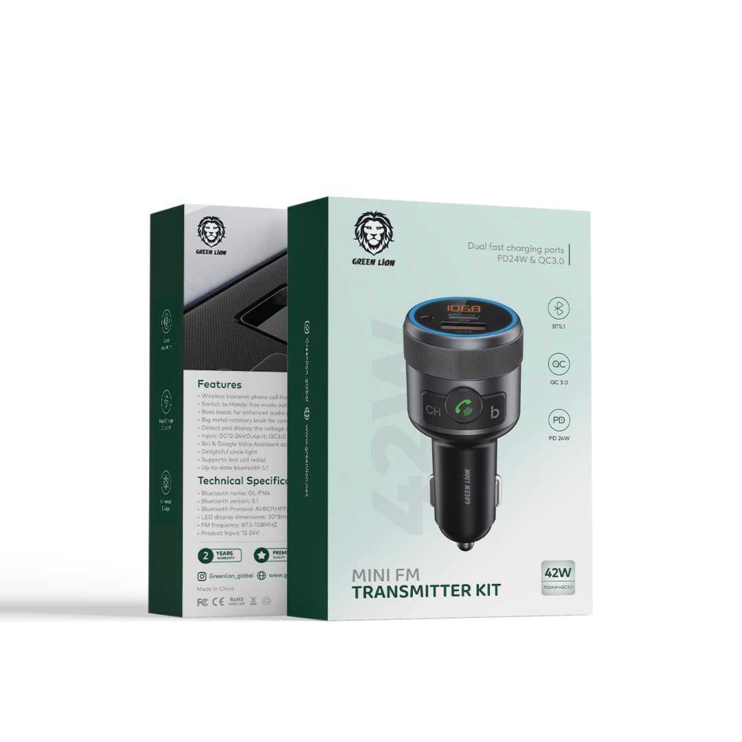 شاحن سيارة وجهاز ارسال اف ام ميني جرين لايون بقدرة شحن 42 واط - اسود | Green Lion Mini FM Transmitter Kit 42W - Black