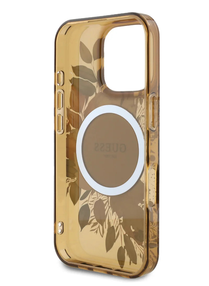 GUESS MagSafe Transparent Flower Case with Circle Logo for iPhone 16 Pro | كفر شفاف GUESS بتصميم ازهار وشعار دائري, متوافق مع ماج سيف لهاتف ايفون 16 برو