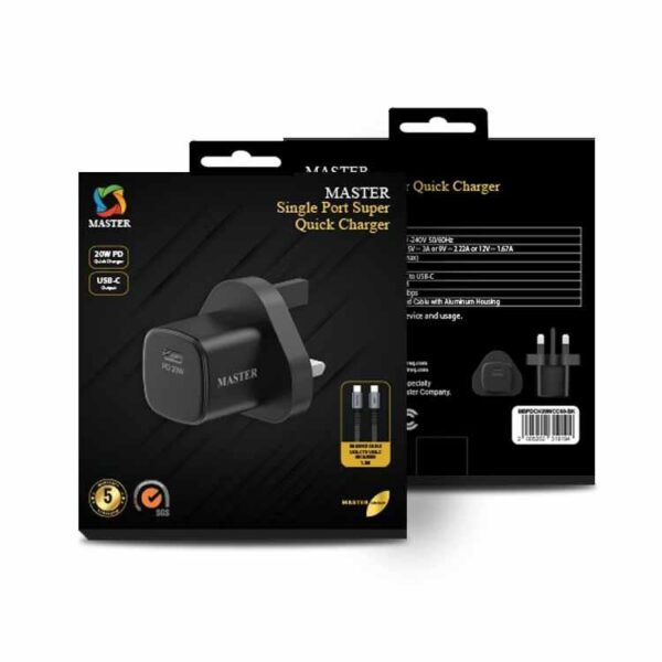 شاحن ماستر صغير بقدرة 20 واط مع كيبل يو اس بي سي الى يو اس بي سي بقدرة 60 واط - اسود | MASTER PD 20W MINI CHARGER WITH 60W C to C CABLE – Black