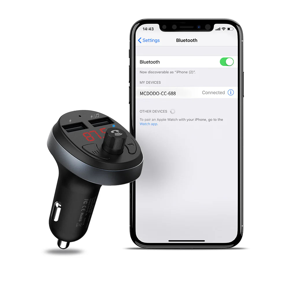 Mcdodo Bluetooth 5.1 FM Dual USB Car Charger - شاحن سيارة ماكدودو بلوتوث 5.1 اف ام ثنائي يو اس بي